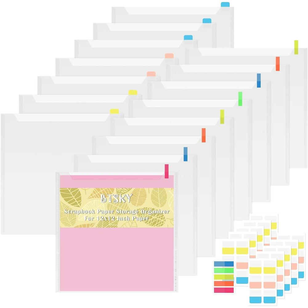 imageBTSKY 15PCS 12x12 Scrapbook Paper Storage Organizer Top Loading Plastic Paper Storage Clear Craft Organizers and Storage Holder with 160 PCS Sticky Index Tabs for Scrapbook Vinyl Paper Cardstock etc