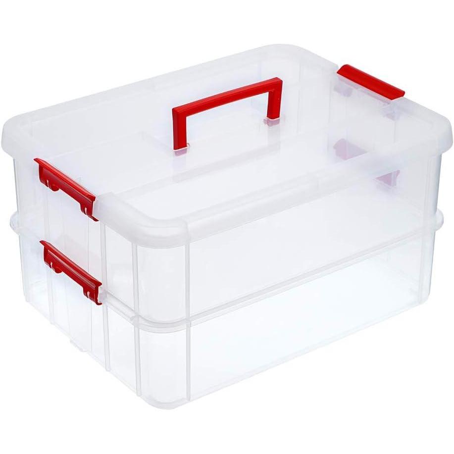 imageBTSKY 2 Layer Stack ampamp Carry Box Plastic Multipurpose Portable Storage Container Box Handled Organizer Storage Box for Organizing Stationery Sewing Art Craft Jewelry and Beauty SuppliesPurpleRed