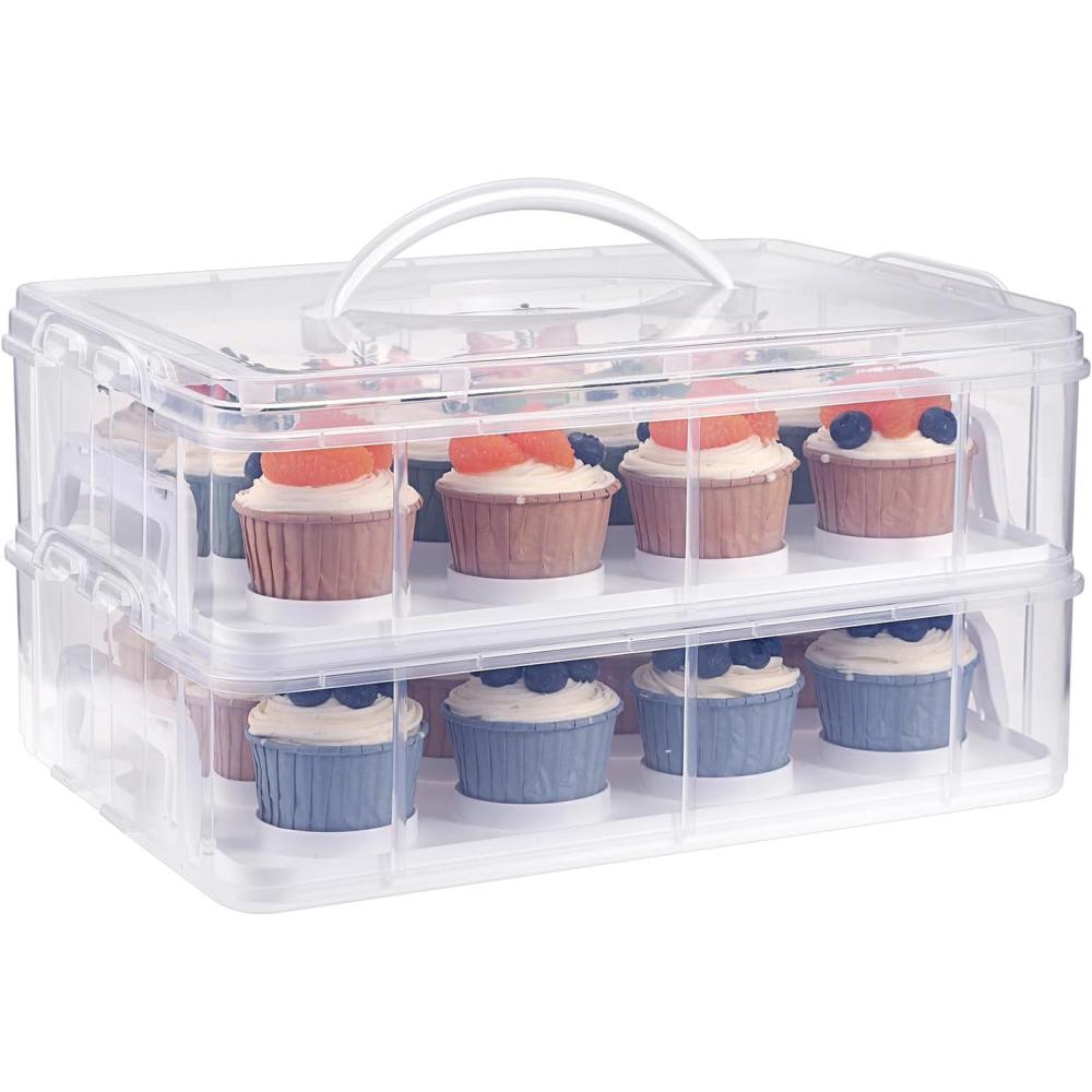 imageBTSKY 2 Tier Clear Plastic Cupcake Holder with Lid ampamp Handles Portable Cupcake Carrier for 24 Cupcakes Stackable Cupcake Storage Container with Convenient Slot Tray Large Plastic Storage Box WhiteWhite