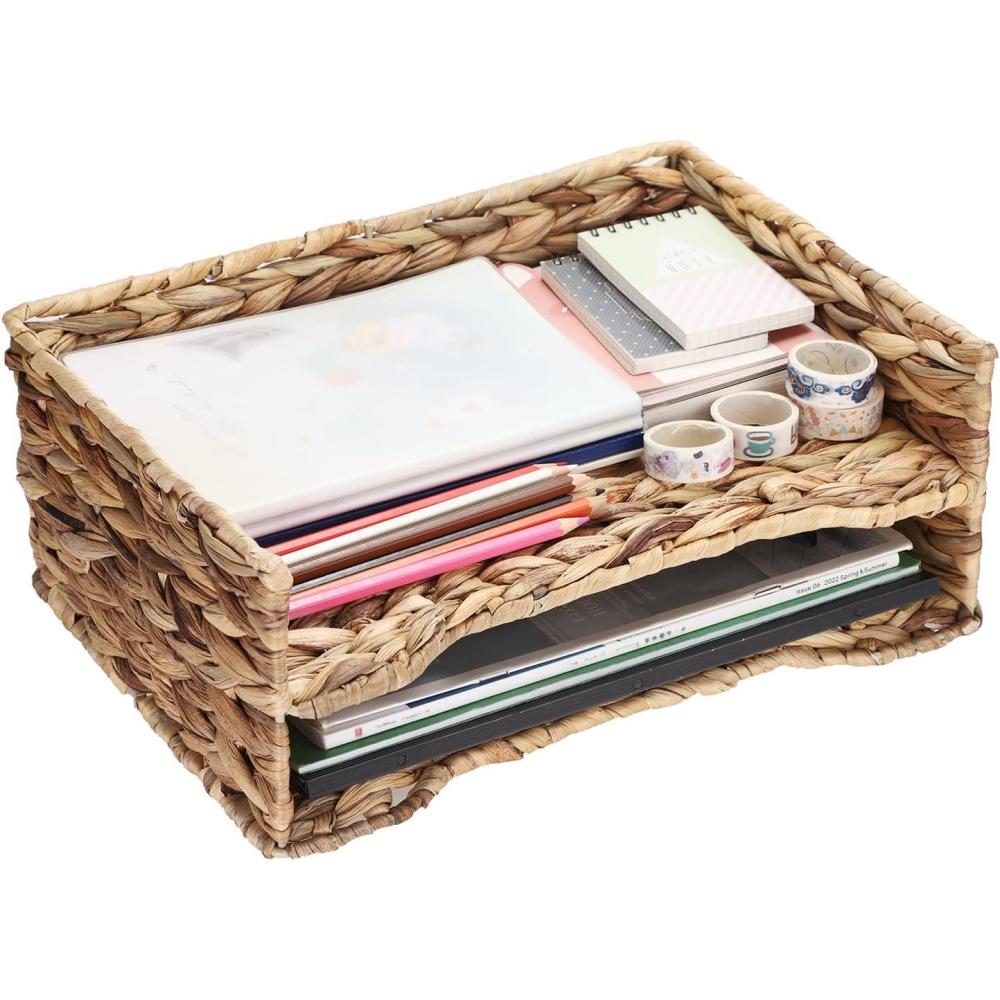 imageBTSKY 2 Tier Water Hyacinth Letter File Storage Basket Woven Paper Organizer A4 File Tray Magazine Holder Woven Basket for Desk Document Office Paper Organizer and StorageHorizontal