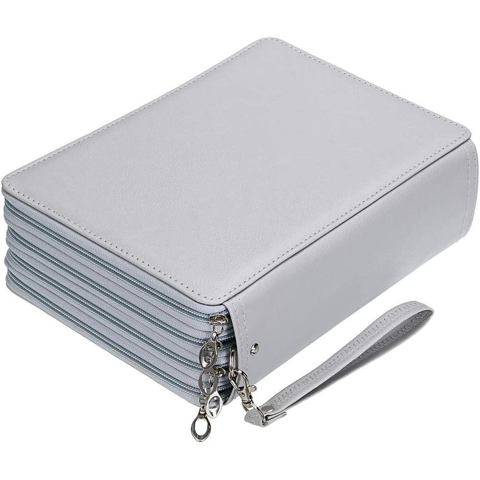 imageBTSKY 200 Slots Colored Pencil Organizer  Deluxe PU Leather Pencil Case Holder With Removal Handle Strap Pencil Box Large for Colored Pencils Watercolor Pencils White MarbleGrey