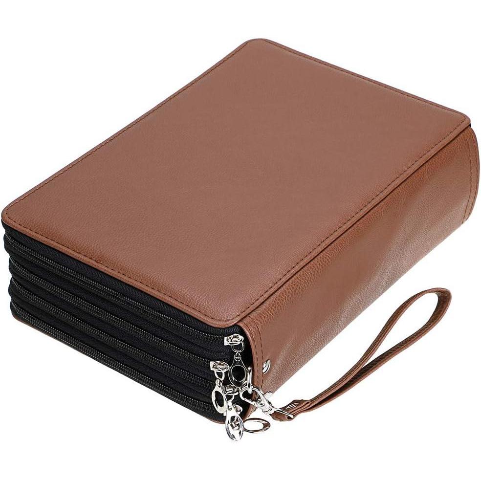 imageBTSKY 200 Slots Colored Pencil Organizer  Deluxe PU Leather Pencil Case Holder With Removal Handle Strap Pencil Box Large for Colored Pencils Watercolor Pencils White MarbleBrown