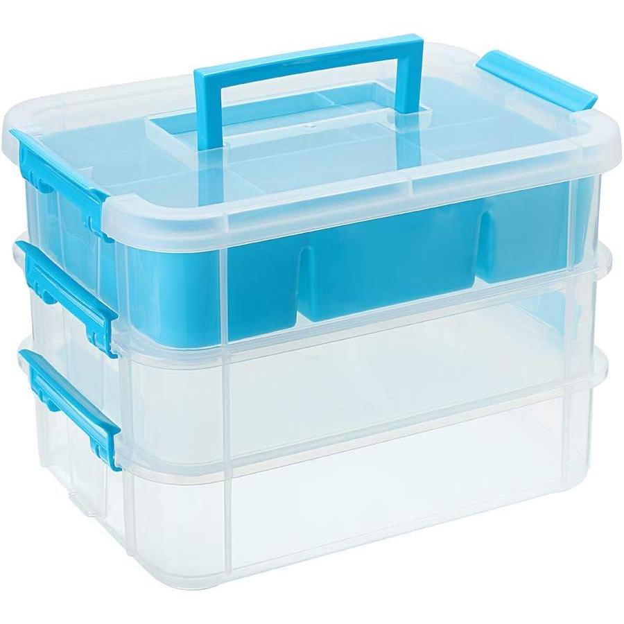 imageBTSKY 3 Layer Stack ampamp Carry Box Plastic Multipurpose Portable Storage Container Box Handled Organizer Storage Box with Removable Tray for Organizing Sewing Art Craft Supplies BlueBlue