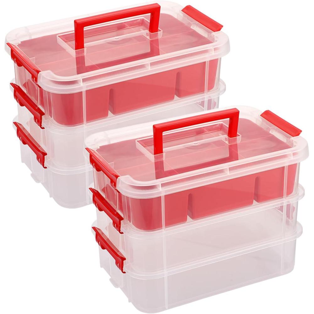 imageBTSKY 3 Layer Stack ampamp Carry Box Plastic Multipurpose Portable Storage Container Box Handled Organizer Storage Box with Removable Tray for Organizing Sewing Art Craft Supplies BlueRed