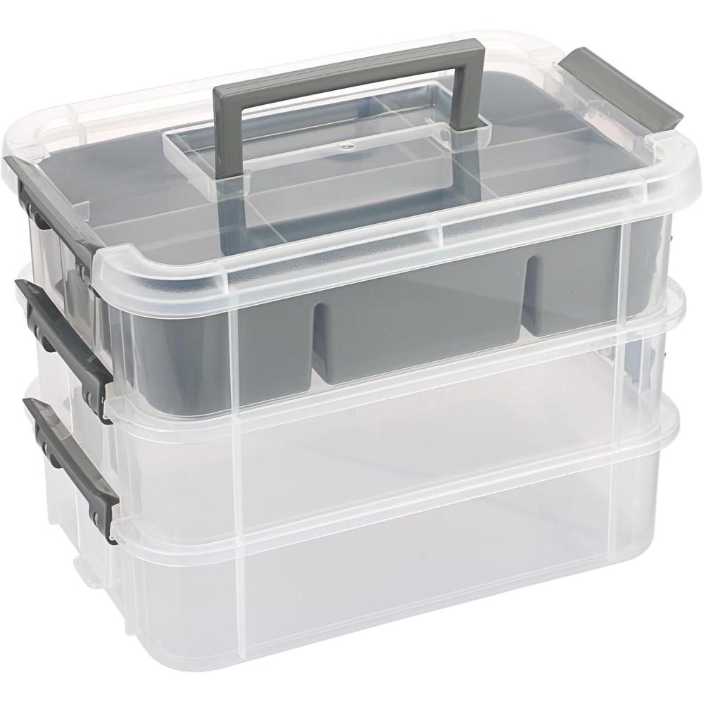 imageBTSKY 3 Layer Stack ampamp Carry Box Plastic Multipurpose Portable Storage Container Box Handled Organizer Storage Box with Removable Tray for Organizing Sewing Art Craft Supplies BlueGrey