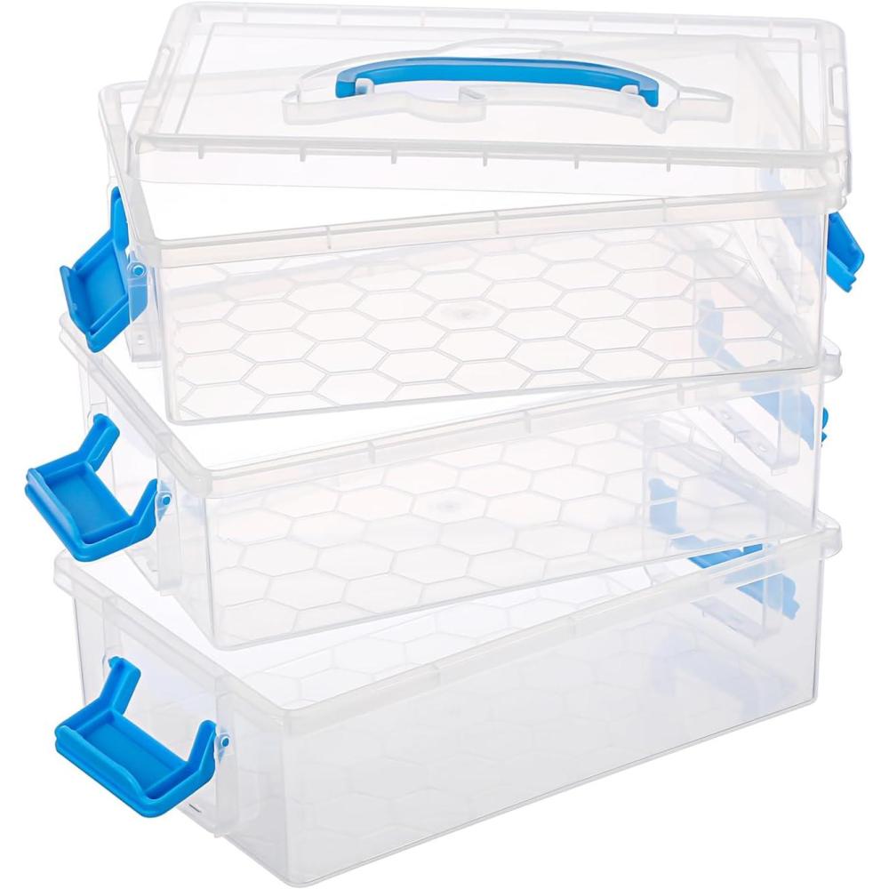 imageBTSKY 3 Layers Cute Dolphin Clear Plastic Pencil Box  Multipurpose Pencil Case Craft Storage Container with 1 Lid ampamp HandleEasy Carry ampamp Stack Crayon Boxes Office Supplies Storage OrganizerClear PinkBlue