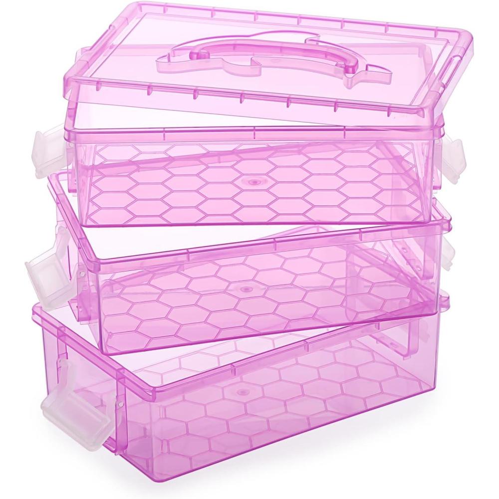 imageBTSKY 3 Layers Cute Dolphin Clear Plastic Pencil Box  Multipurpose Pencil Case Craft Storage Container with 1 Lid ampamp HandleEasy Carry ampamp Stack Crayon Boxes Office Supplies Storage OrganizerClear PinkClear Purple