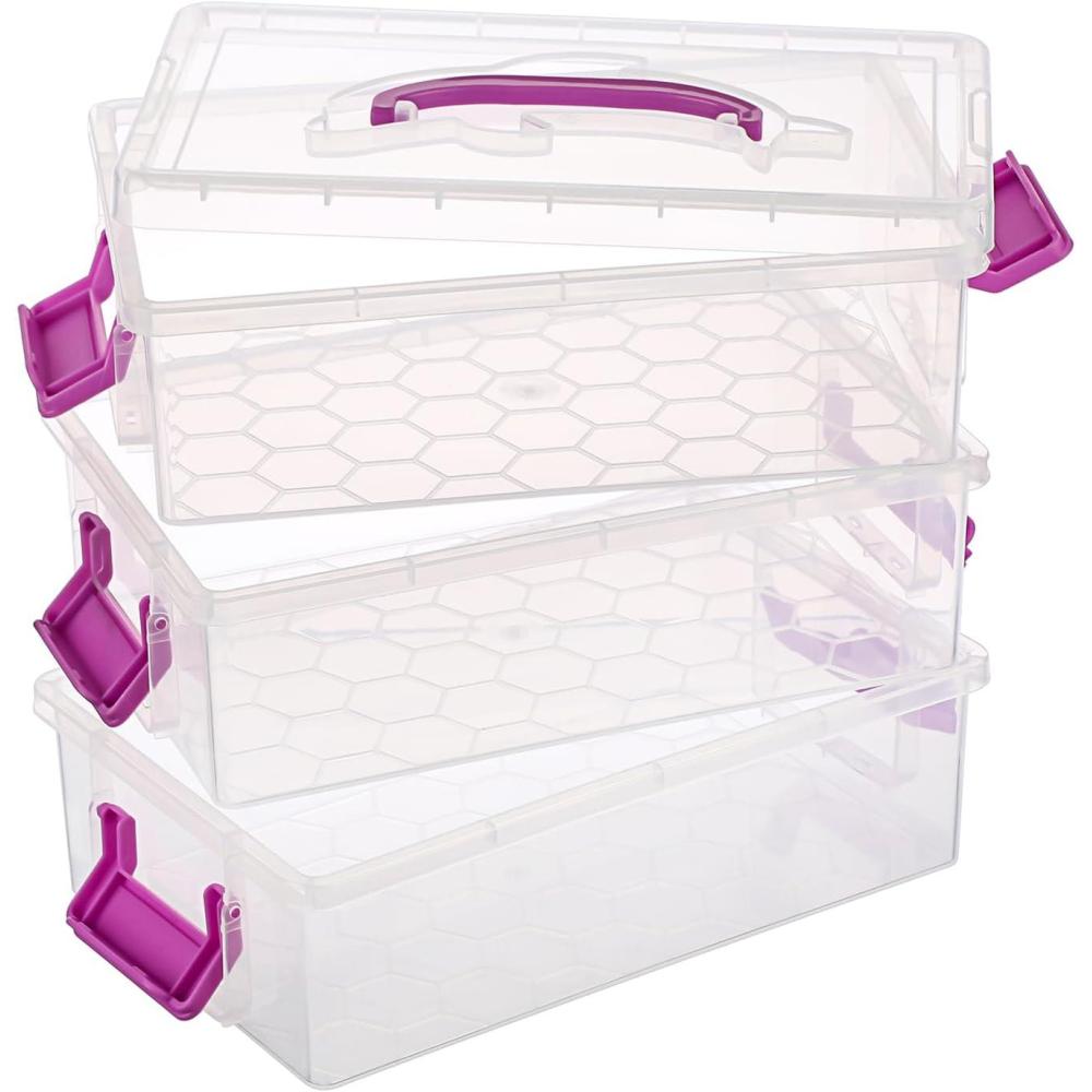 imageBTSKY 3 Layers Cute Dolphin Clear Plastic Pencil Box  Multipurpose Pencil Case Craft Storage Container with 1 Lid ampamp HandleEasy Carry ampamp Stack Crayon Boxes Office Supplies Storage OrganizerClear PinkPurple