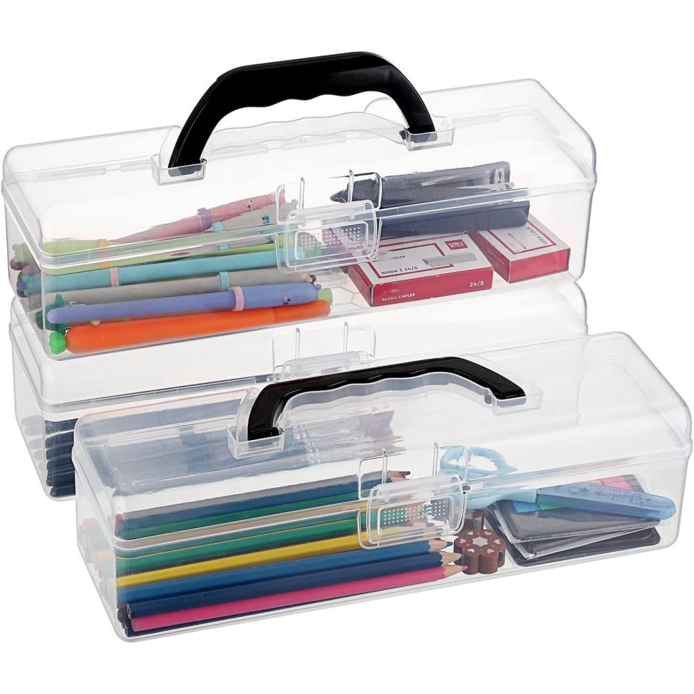 imageBTSKY 3 Pack Long Plastic Pencil Box Portable Clear Home Utility Boxes with Black Handle Stationery Storage Organizer Painting Tool Storage Container for Pencils Markers StickyNotes Craft Supplies