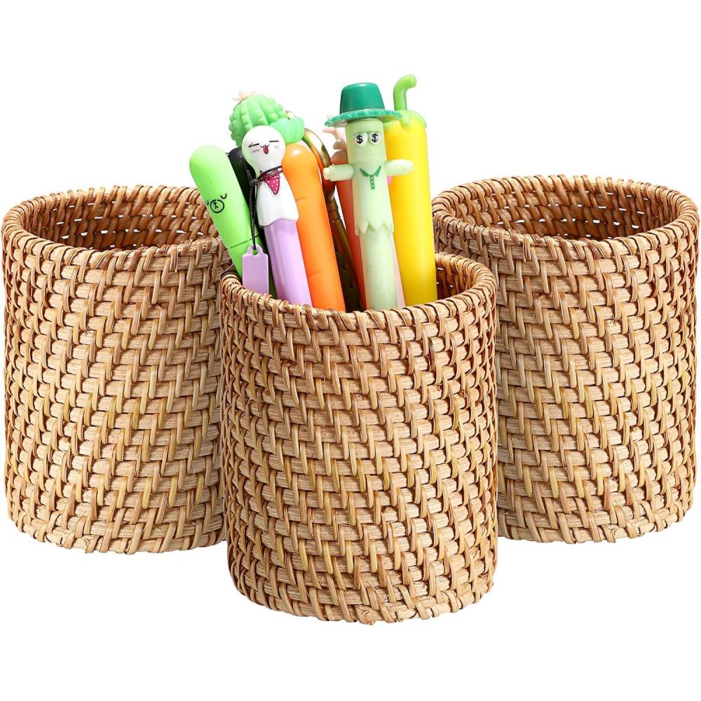 imageBTSKY 3 Pack Rattan Pen Cup Handmade Desk Pencil Holders Makeup Brush Holder MultiFunctional Woven Basket OfficeampampHome Desktop Organizer CylinderCylinder3 Pack