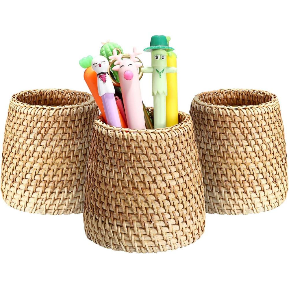 imageBTSKY 3 Pack Rattan Pen Cup Handmade Desk Pencil Holders Makeup Brush Holder MultiFunctional Woven Basket OfficeampampHome Desktop Organizer CylinderCone3 Pack