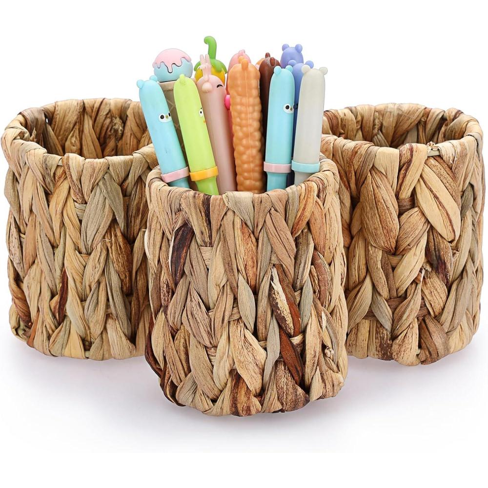 imageBTSKY 3 Pack Water Hyacinth Pencil Holder Handmade Wicker Pen Cup Makeup Brushes Holder Pen Pencil Cup Organizer Chic Woven Desktop Accessories Pens Container Box for Office Home Desktop SquareCylinder