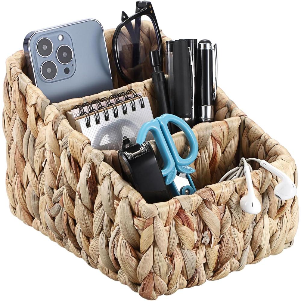 imageBTSKY 3 Slots Natural Woven Remote Control Holder for Desk Water Hyacinth Media TV Caddy Storage Holder Office Supply Storage Rack Desk Accessories Organizer For Living Room Bedroom Countertop
