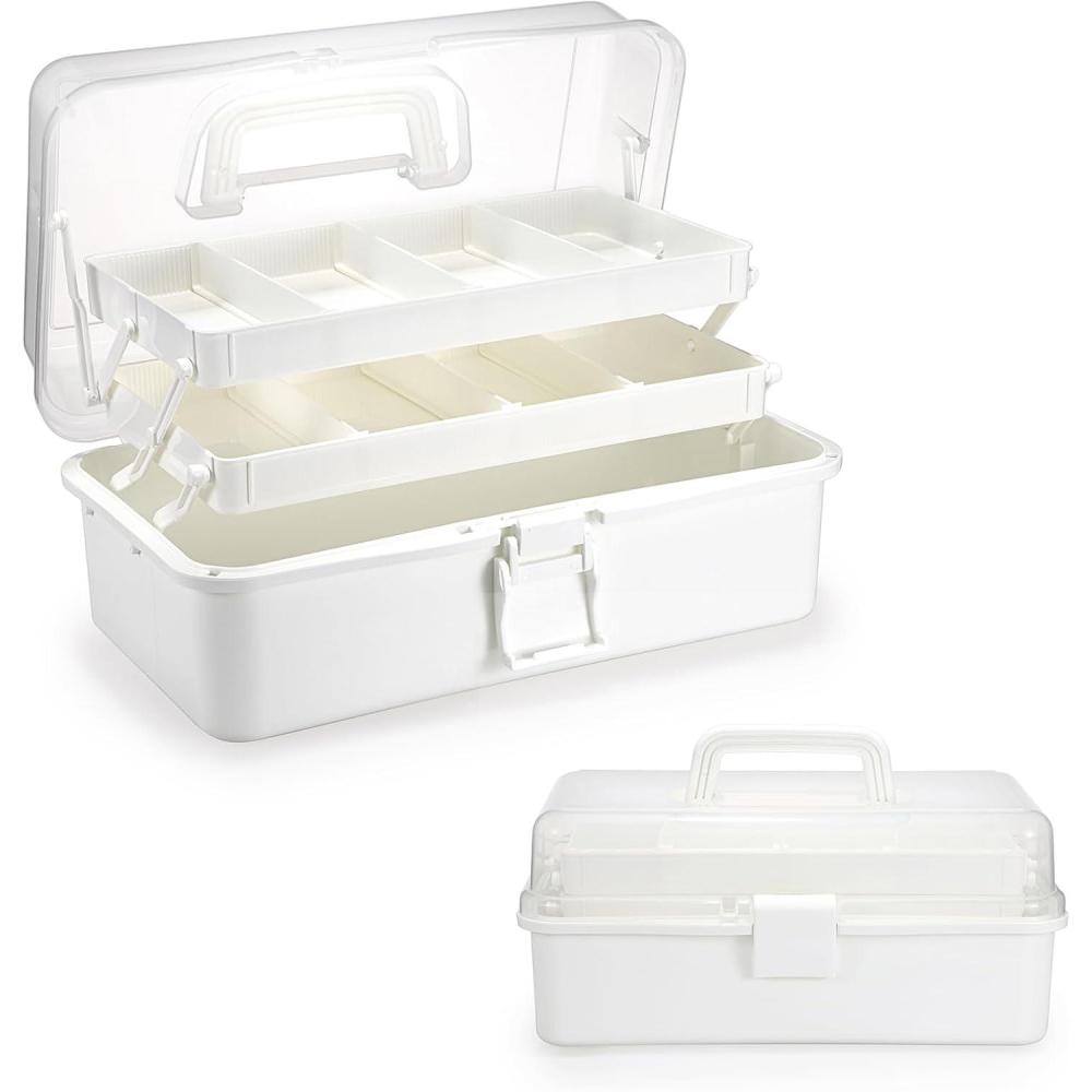 imageBTSKY 3Layer Plastic Dividing Storage Craft Organizer with Adjustable Spacers and Portable Handled Multipurpose Home Utility Box for Medicine Sewing and Art SupplyBeige White