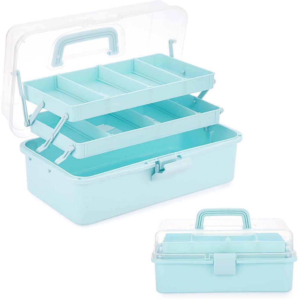 imageBTSKY 3Layer Plastic Dividing Storage Craft Organizer with Adjustable Spacers and Portable Handled Multipurpose Home Utility Box for Medicine Sewing and Art SupplyBlue