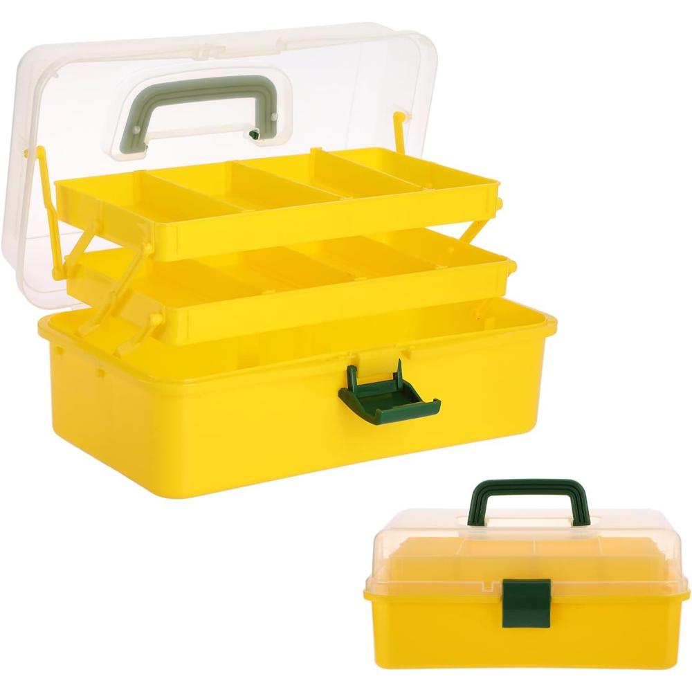 imageBTSKY 3Layer Plastic Dividing Storage Craft Organizer with Adjustable Spacers and Portable Handled Multipurpose Home Utility Box for Medicine Sewing and Art SupplyYellowGreen