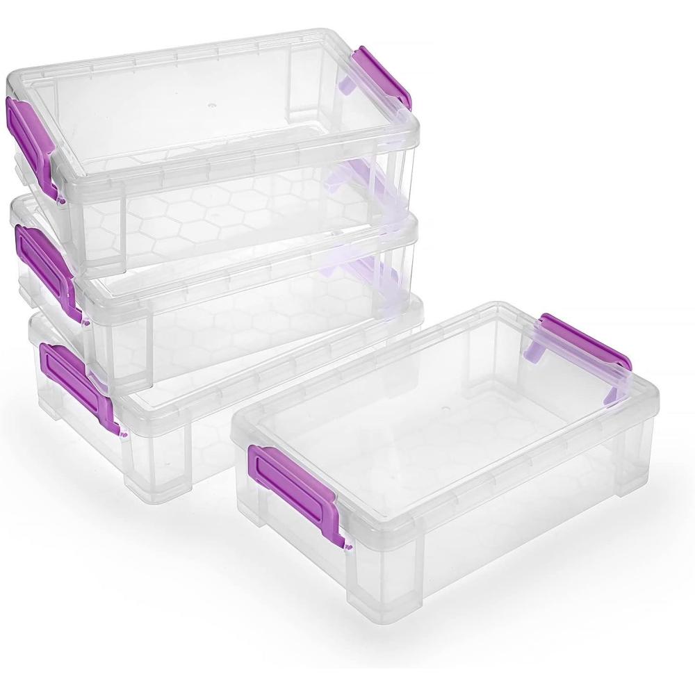 imageBTSKY 4 Pack Extra Large Plastic Pencil Box Stackable Translucent Clear Pencil Caase Crayon Box Set Marker Organizer Art Supply Storage Organizer for Gel Pens Pencils Erasers Tape Markers etcGreyPurple