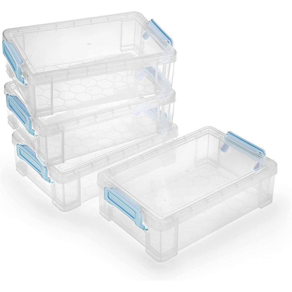 imageBTSKY 4 Pack Extra Large Plastic Pencil Box Stackable Translucent Clear Pencil Caase Crayon Box Set Marker Organizer Art Supply Storage Organizer for Gel Pens Pencils Erasers Tape Markers etcGreyBlue