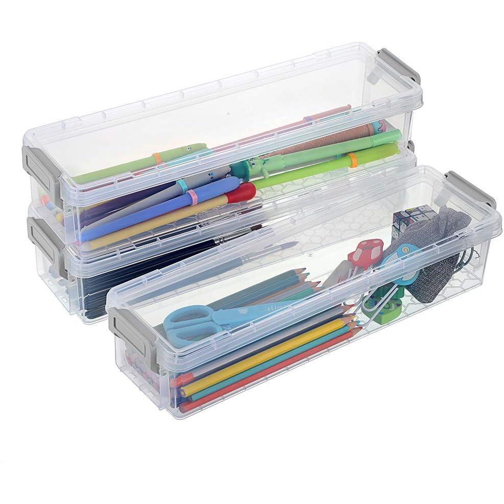 imageBTSKY 4 Pack Extra Long Plastic Pencil Box Stackable Stationery Supplies Organizer Box Clear Plastic Pencil Case Large Capacity Storage Case for Pens Markers Crayons Art Tools  Green ClipGrey