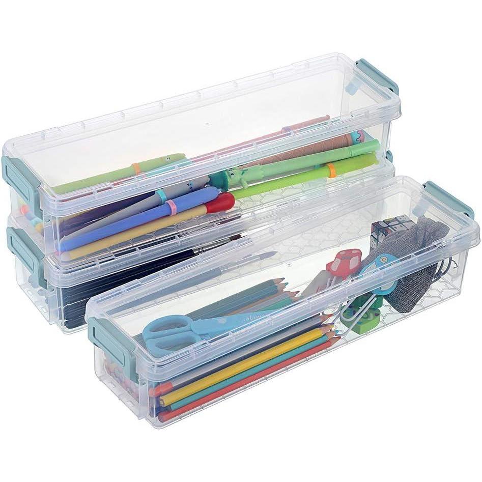 imageBTSKY 4 Pack Extra Long Plastic Pencil Box Stackable Stationery Supplies Organizer Box Clear Plastic Pencil Case Large Capacity Storage Case for Pens Markers Crayons Art Tools  Green ClipBlue