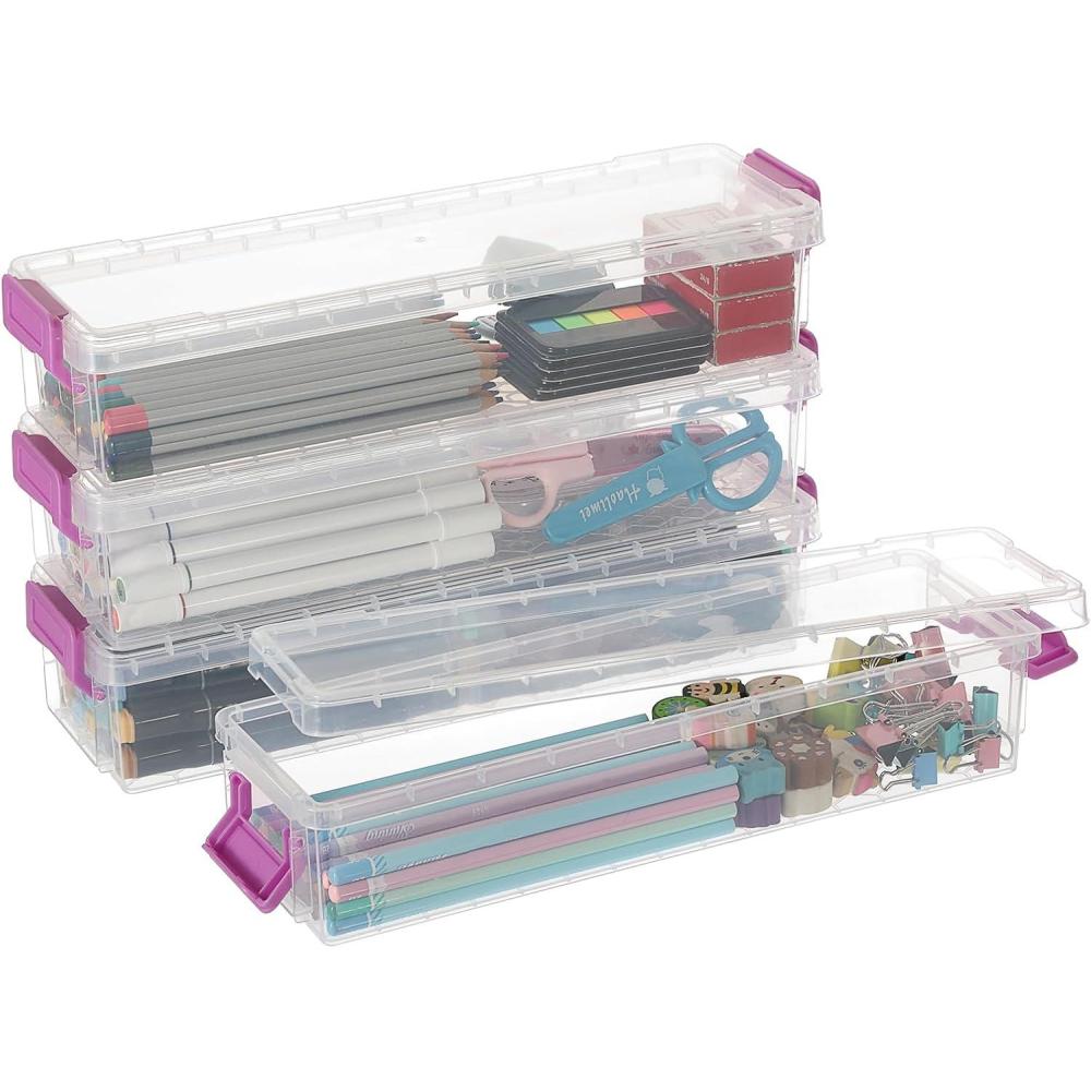 imageBTSKY 4 Pack Extra Long Plastic Pencil Box Stackable Stationery Supplies Organizer Box Clear Plastic Pencil Case Large Capacity Storage Case for Pens Markers Crayons Art Tools  Green ClipPurple4 Pack