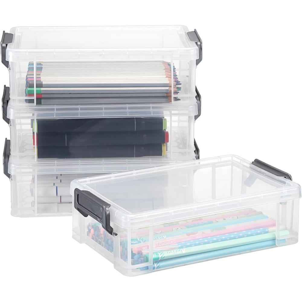 imageBTSKY 4 Pack Translucent Clear Office Supplies Extra Large Capacity Plastic Pencil Box Durable Storage Organizer for Pens Pencils Markers Erasers Tape etc with Grey Buckle