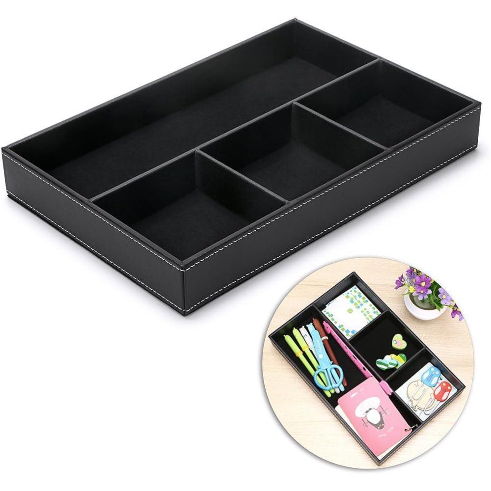 imageBTSKY 4 slots Desk Drawer Organizer PU Leather Drawer Storage Organizer Divider for Office Desk Supplies Value Collection and Accessories MultiPurpose Storage Desktop Organizer TrayBlackBlack