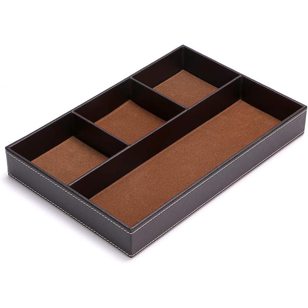 imageBTSKY 4 slots Desk Drawer Organizer PU Leather Drawer Storage Organizer Divider for Office Desk Supplies Value Collection and Accessories MultiPurpose Storage Desktop Organizer TrayBlackBrown