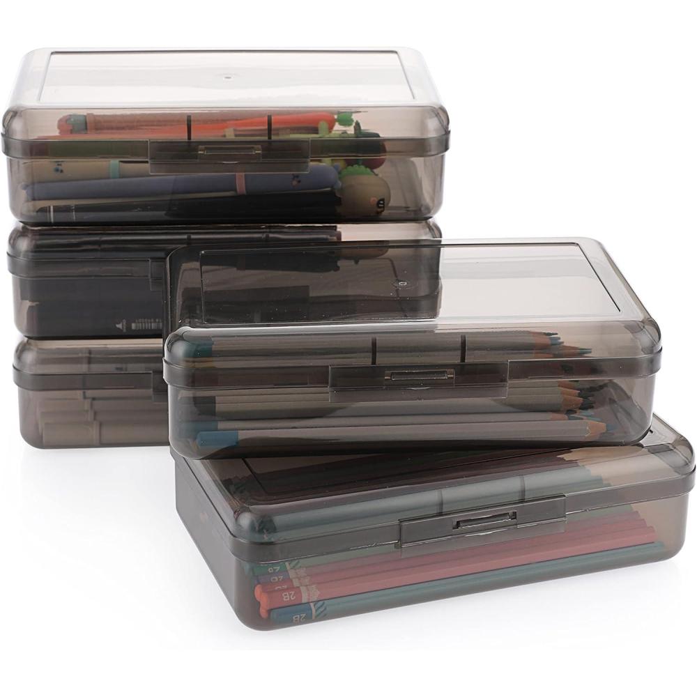 imageBTSKY 5 Pack Multipurpose Utility Storage Box Large Capacity Pencil Box Stackable with Snap Lid Closure Pencil Holder Plastic Pencil Box for Organize Pencils Watercolor Pens GreyGrey