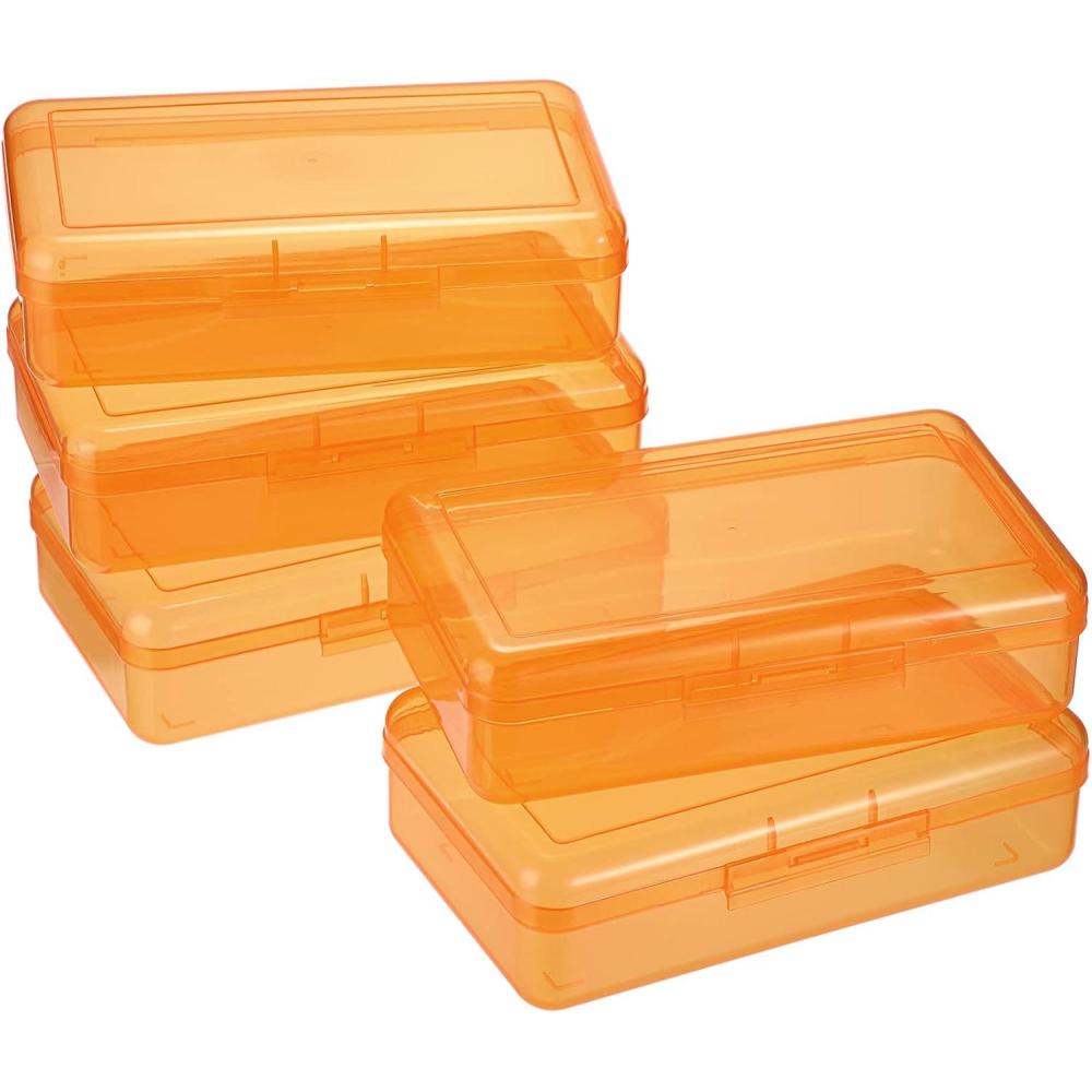 imageBTSKY 5 Pack Multipurpose Utility Storage Box Large Capacity Pencil Box Stackable with Snap Lid Closure Pencil Holder Plastic Pencil Box for Organize Pencils Watercolor Pens GreyOrange