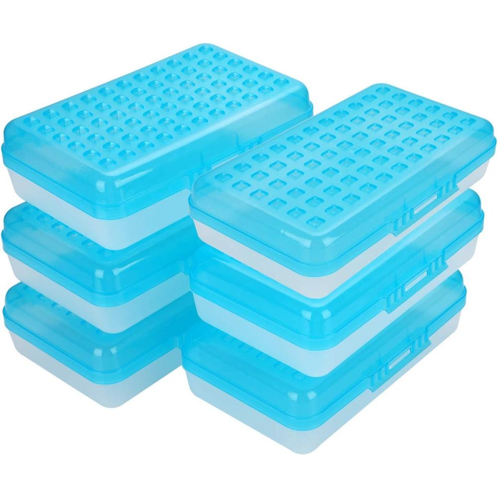 imageBTSKY 6 Pack Multipurpose Utility Box Large Capacity Pencil Box with Lid Snap Closure Pencil Holder for Organize and Carry Pencils Watercolor Pens Stationery Office Supplies Organizer BlueBlue