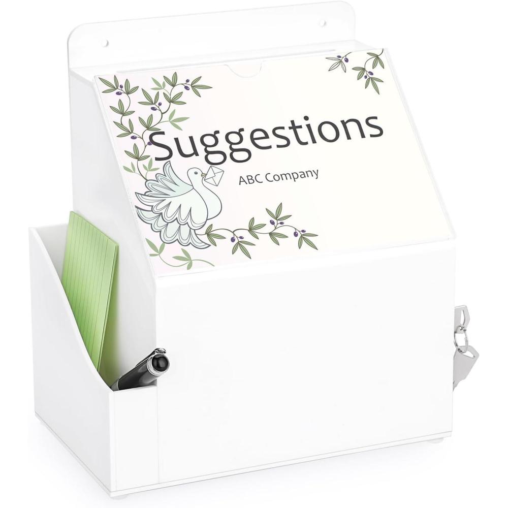 imageBTSKY Acrylic Suggestion Box with Lock Wall Mounted Acrylic Donation Box with 5quotx7quot Sign Slot Office Ballot Boxes with SidePocket Collection Boxes for Voting Locking Suggestion Mailbox WhiteUSTRAM27394