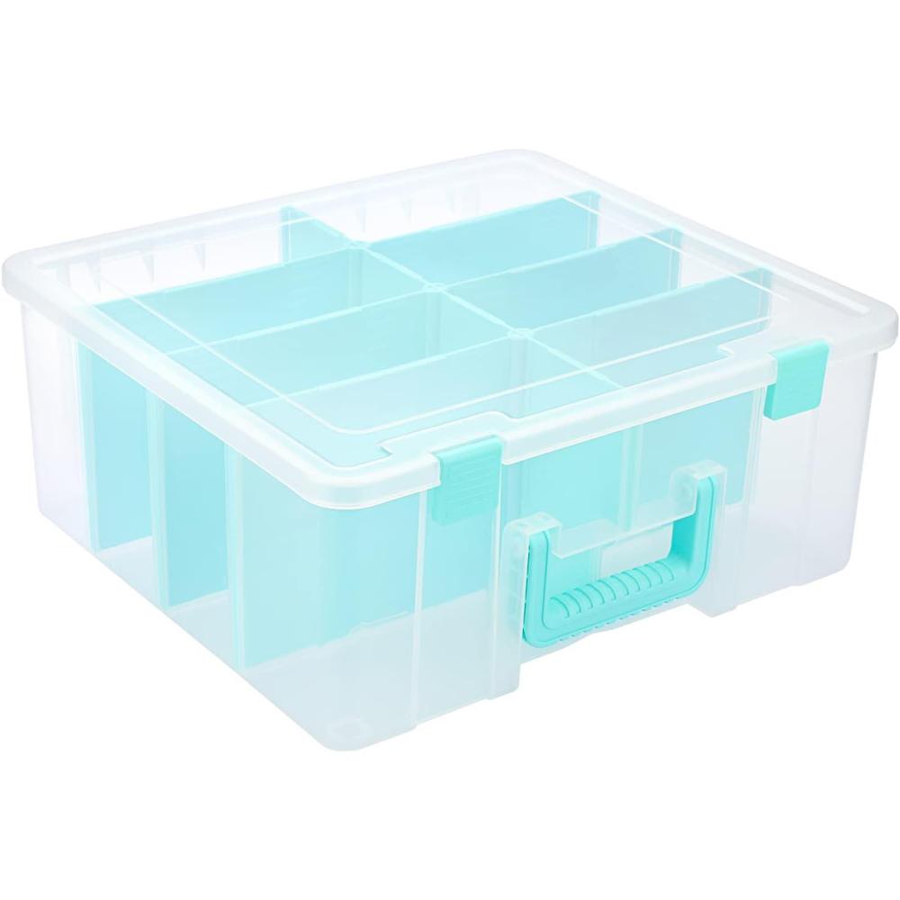 imageBTSKY Clear Plastic Dividing Storage Box with 4 Deep Compartments Adjustable Storage Bin with Lid Portable Craft Storage Container Multipurpose Sewing Box Art Supply Organizer 139x79x62 Inches151x139x61 Inches