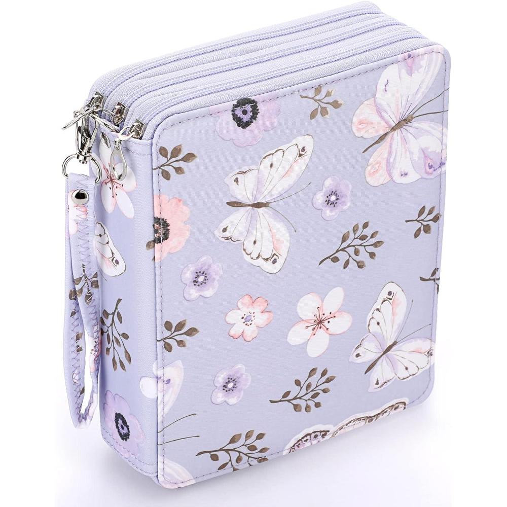 imageBTSKY Colored Pencil Case 120 Slots Pencil Holder Large Capacity Pencil Organizer with Handle Strap Handy Colored Pencil Box with Printing Pattern Purple ButterflyPurple Butterfly