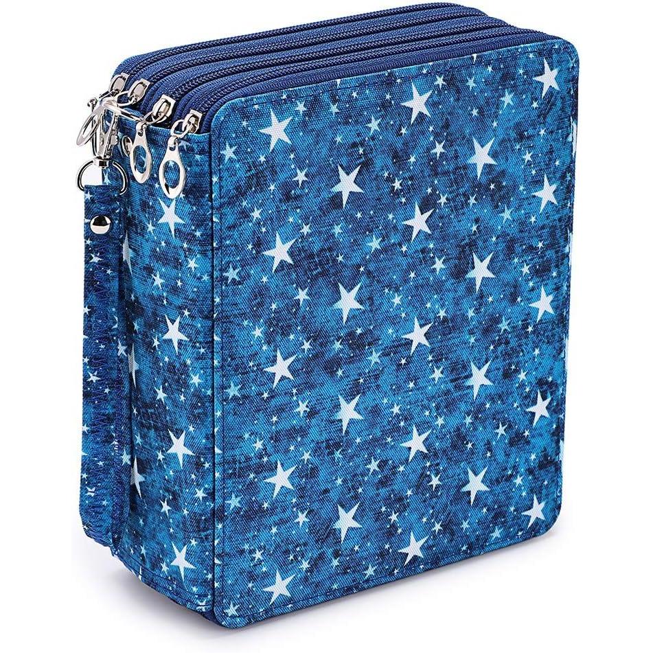 imageBTSKY Colored Pencil Case 160 Slots Pencil Holder Pen Bag Large Capacity Pencils Organizer with Handle Strap Handy Colored Pen Box with Printing Pattern Blue Star