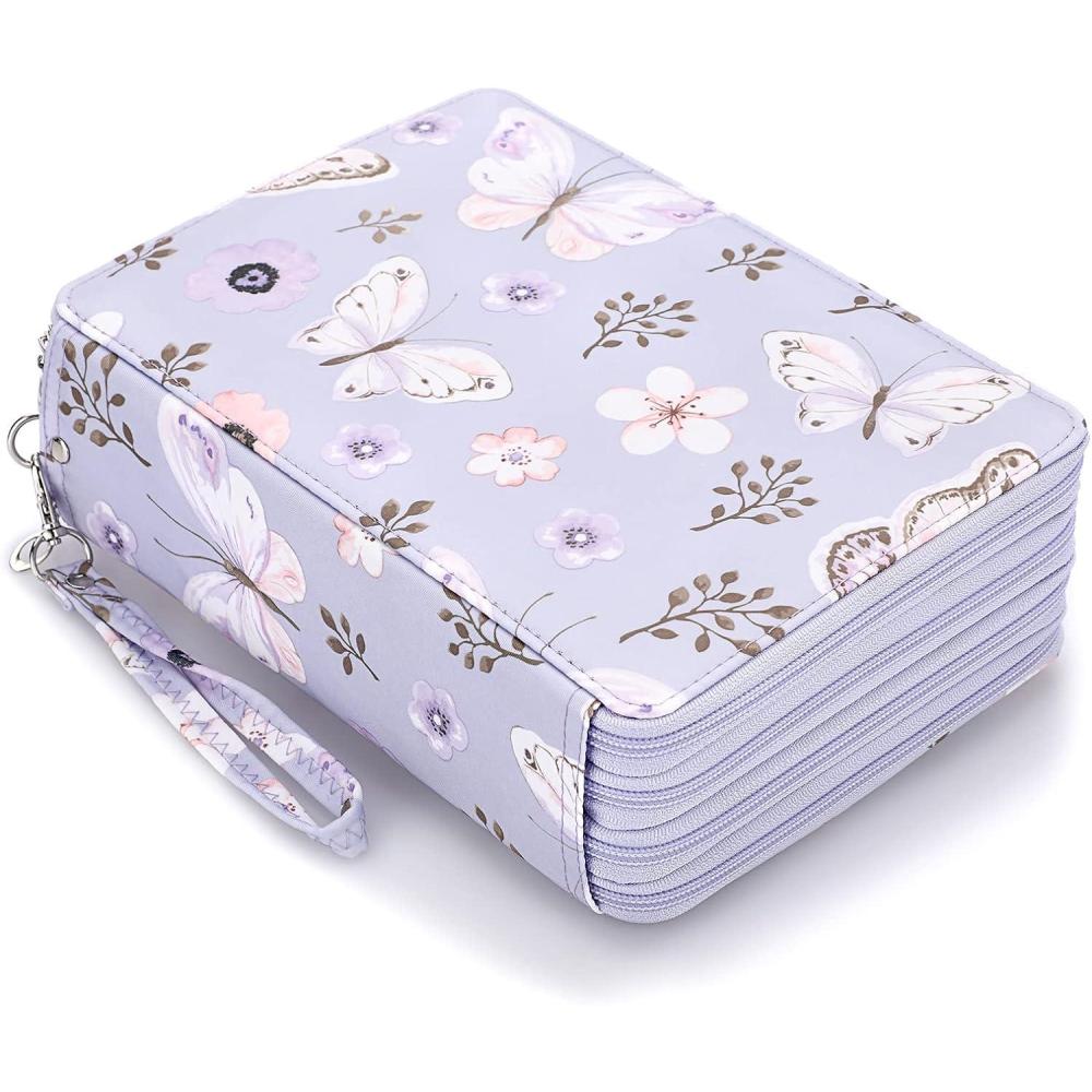imageBTSKY Colored Pencil Case 200 Slots Pencil Holder Pen Bag Large Capacity Pencil Organizer with Handle Strap Handy Colored Pencil Box with Printing Pattern Purple ButterflyPurple Butterfly
