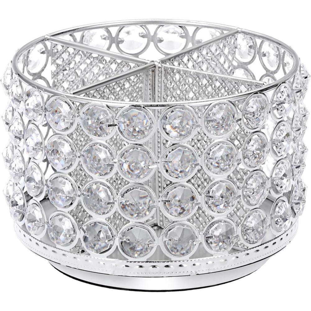imageBTSKY Crystal 360 Degree Rotating Desk Organizer Decorative Storage Box with 4 Compartments Glitter Metal Makeup Brush Holder Elegant Storage Caddy Home Decor Gift for Women Round4 Slots SilverSilver