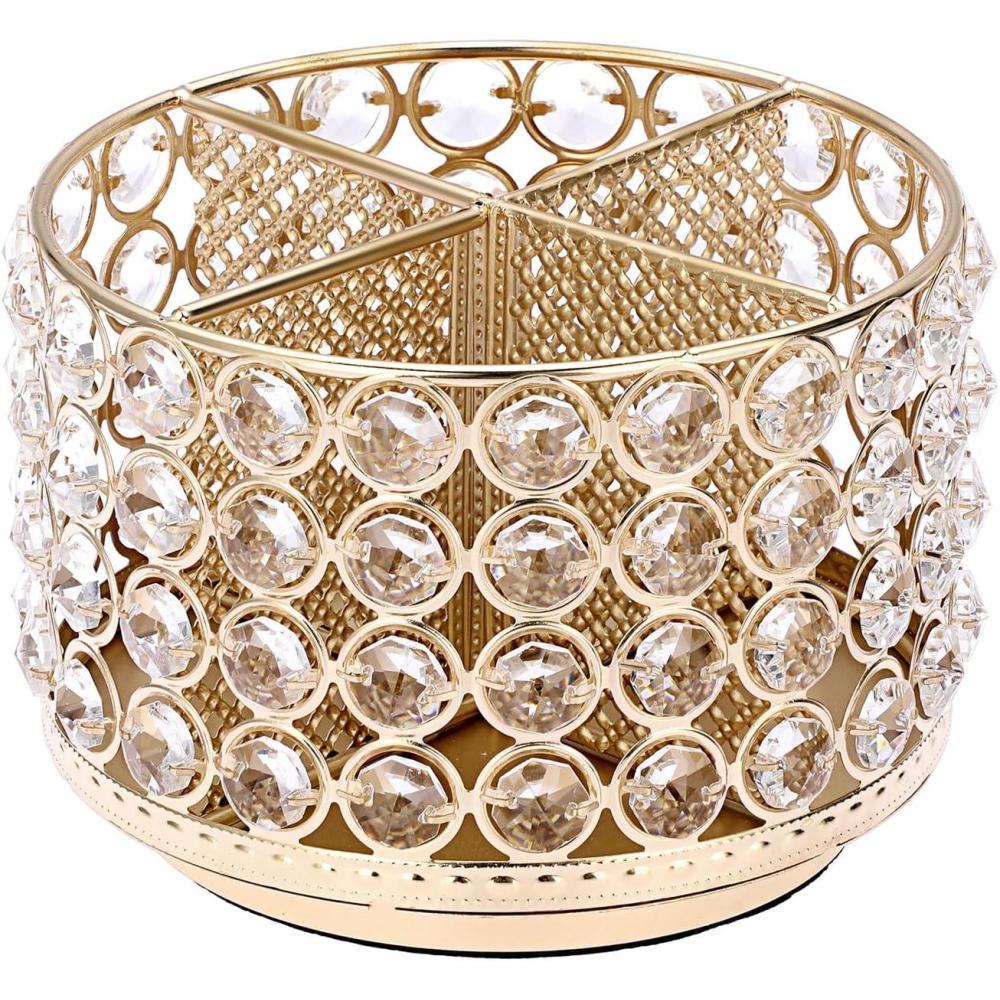 imageBTSKY Crystal 360 Degree Rotating Desk Organizer Decorative Storage Box with 4 Compartments Glitter Metal Makeup Brush Holder Elegant Storage Caddy Home Decor Gift for Women Round4 Slots SilverGold