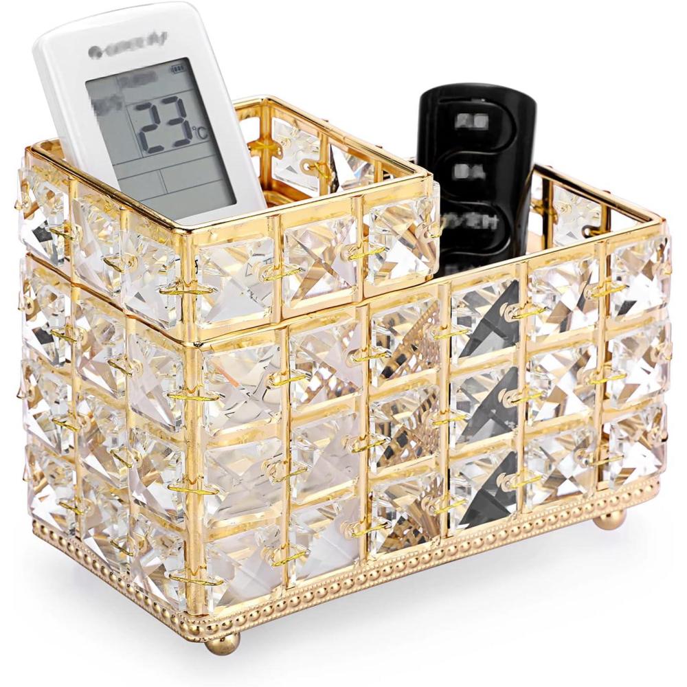 imageBTSKY Crystal Remote Control Holder 2 Slots Desktop Organizer MultiFunction Desk Stationery Storage Box Decorative Storage Caddy for TV Controllers Office Stationery Makeup Brushes Art SuppliesGoldGold