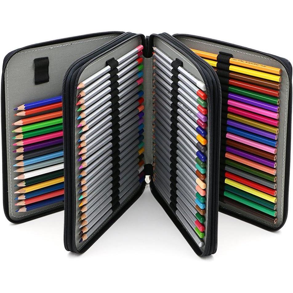 imageBTSKY Deluxe PU Leather Pencil Case For Colored Pencils  120 Slot Pencil Holder with Handle Strap Handy Colored Pencil Box LargeGreenBlack