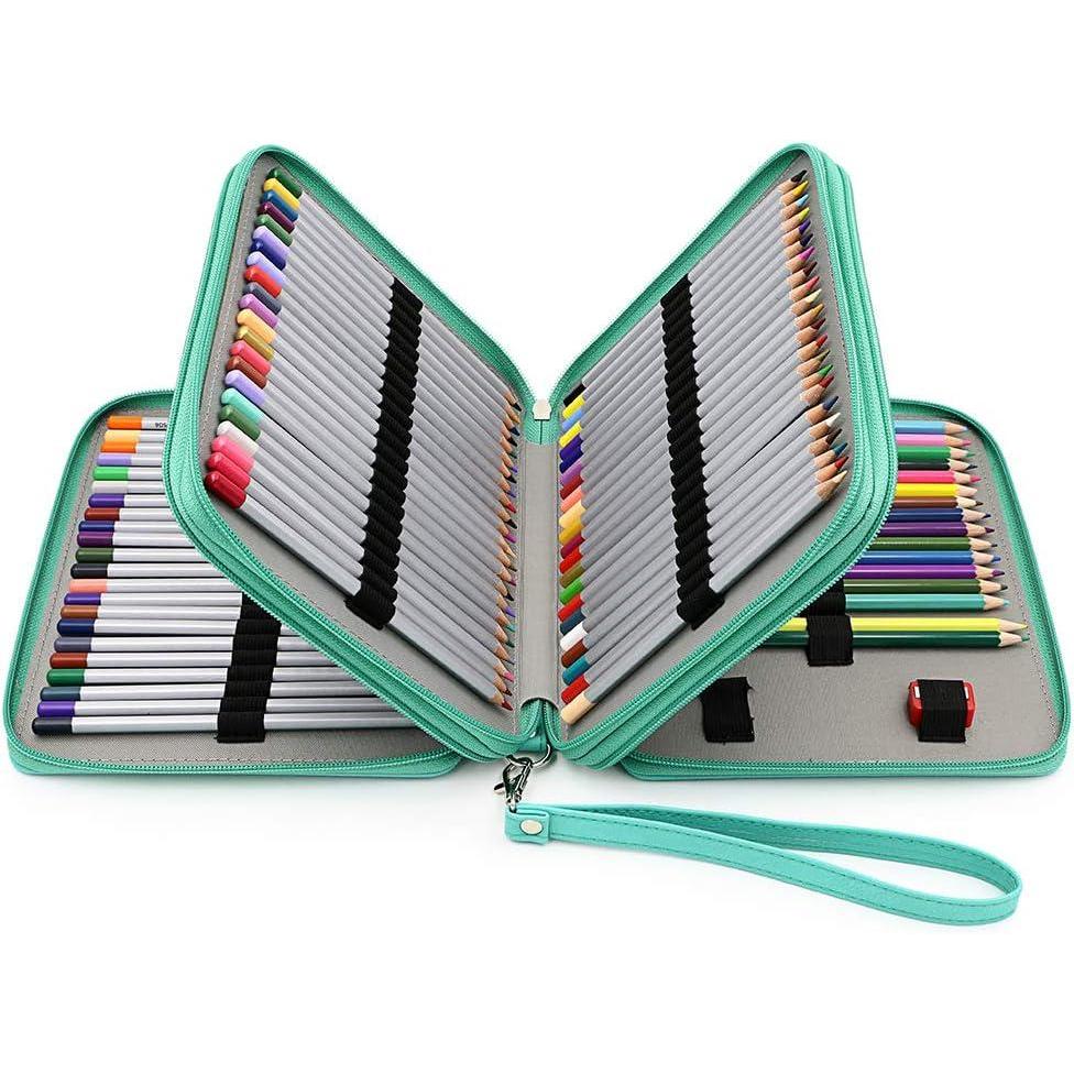 imageBTSKY Deluxe PU Leather Pencil Case For Colored Pencils  120 Slot Pencil Holder with Handle Strap Handy Colored Pencil Box LargeGreenGreen
