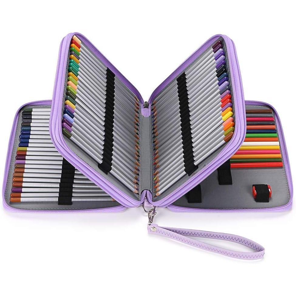 imageBTSKY Deluxe PU Leather Pencil Case For Colored Pencils  120 Slot Pencil Holder with Handle Strap Handy Colored Pencil Box LargeGreenPurple