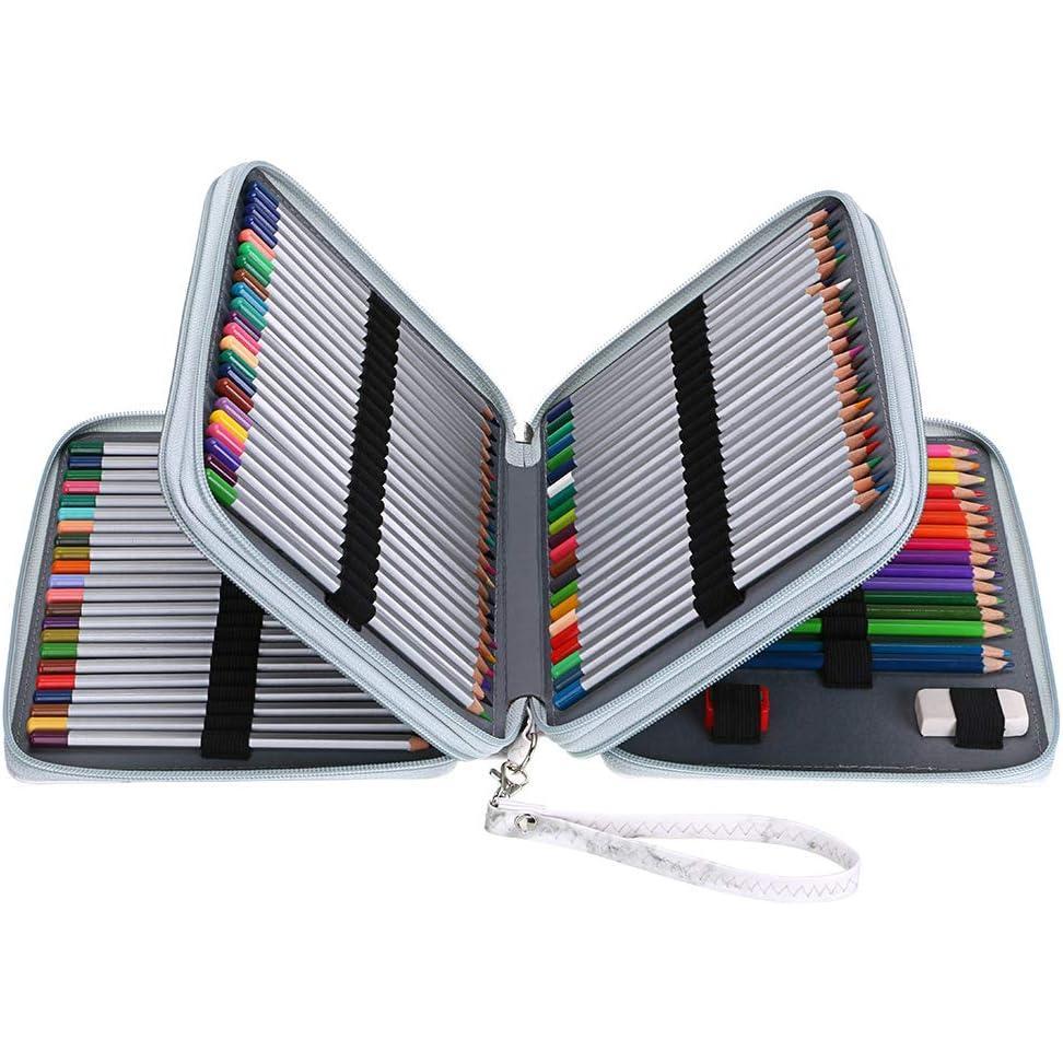 imageBTSKY Deluxe PU Leather Pencil Case For Colored Pencils  120 Slot Pencil Holder with Handle Strap Handy Colored Pencil Box LargeGreenWhite Marble