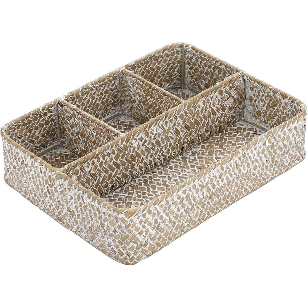 imageBTSKY Desk Drawer Organizer Tray Coffee Station Organizer Tea Bag Organizer Woven Seagrass Storage Basket with 4 Divided Sections Handwoven Wicker Storage Basket for Shelves Pantry Coffee BarWhite