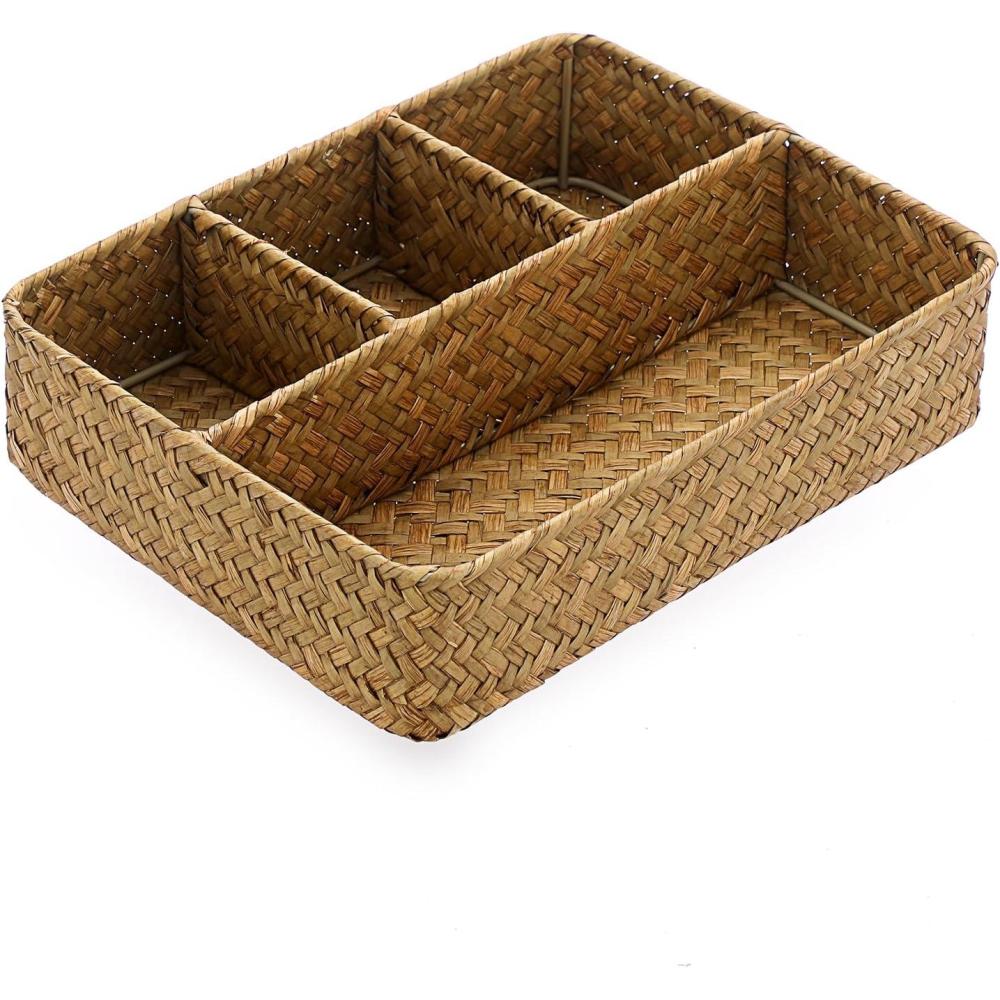 imageBTSKY Desk Drawer Organizer Tray Coffee Station Organizer Tea Bag Organizer Woven Seagrass Storage Basket with 4 Divided Sections Handwoven Wicker Storage Basket for Shelves Pantry Coffee BarCaramel