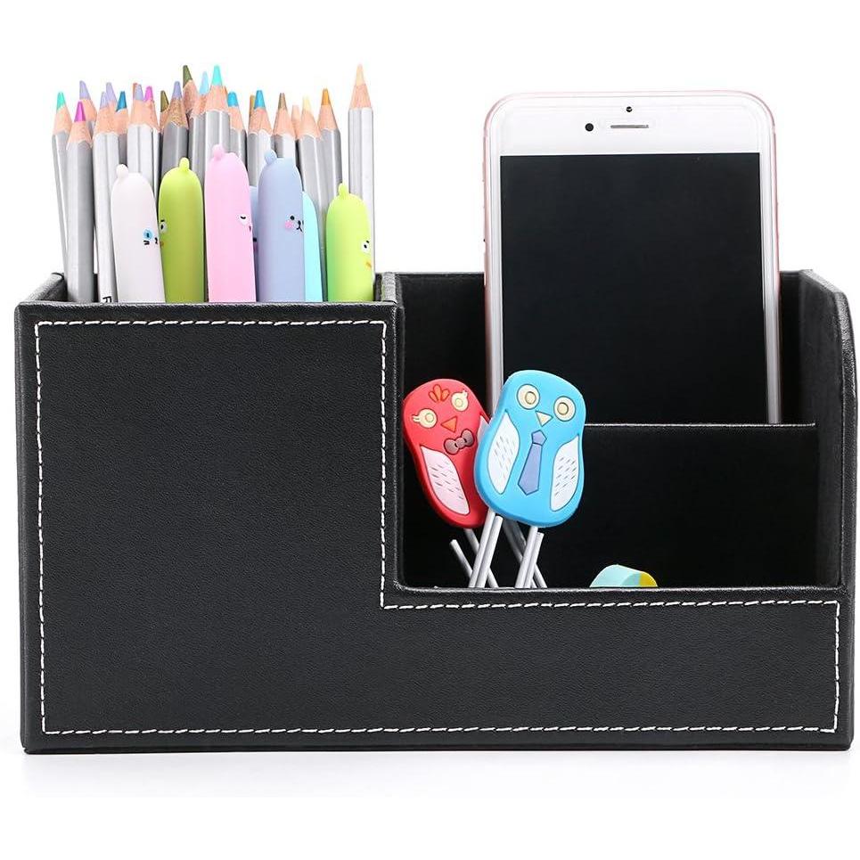 imageBTSKY Desk Pen Pencil Holder Leather MultiFunction Desk Stationery Organizer Storage Box PenPencil Cell Phone Business Name Cards Remote Control Holder Office Home Accessories OrganizerBlack