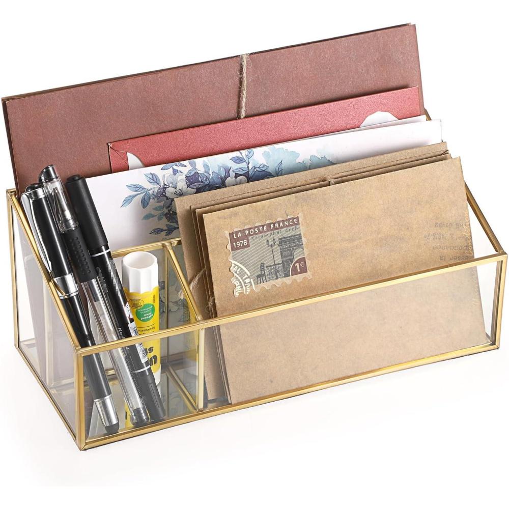imageBTSKY Golden Glass Desk Organizers Mail Organizers Bill Organizer Desktop Accessories ampamp Workspace Organizer with 2 Slots Mail Holder Letter Sorter and Pen and Pencil Holder