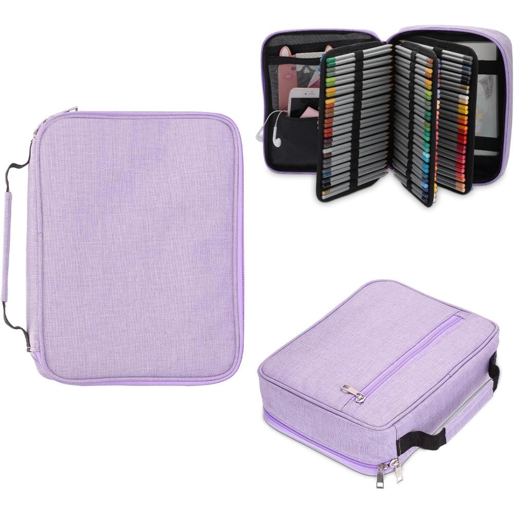 imageBTSKY Large Pencil Case Organizer Colored Pencil Pouch Art Bags for Supplies Portable Stationery Organizer with 3 Detachable Layers 84 Slots Multiple Zipper Pockets for Office Travel PurplePurple