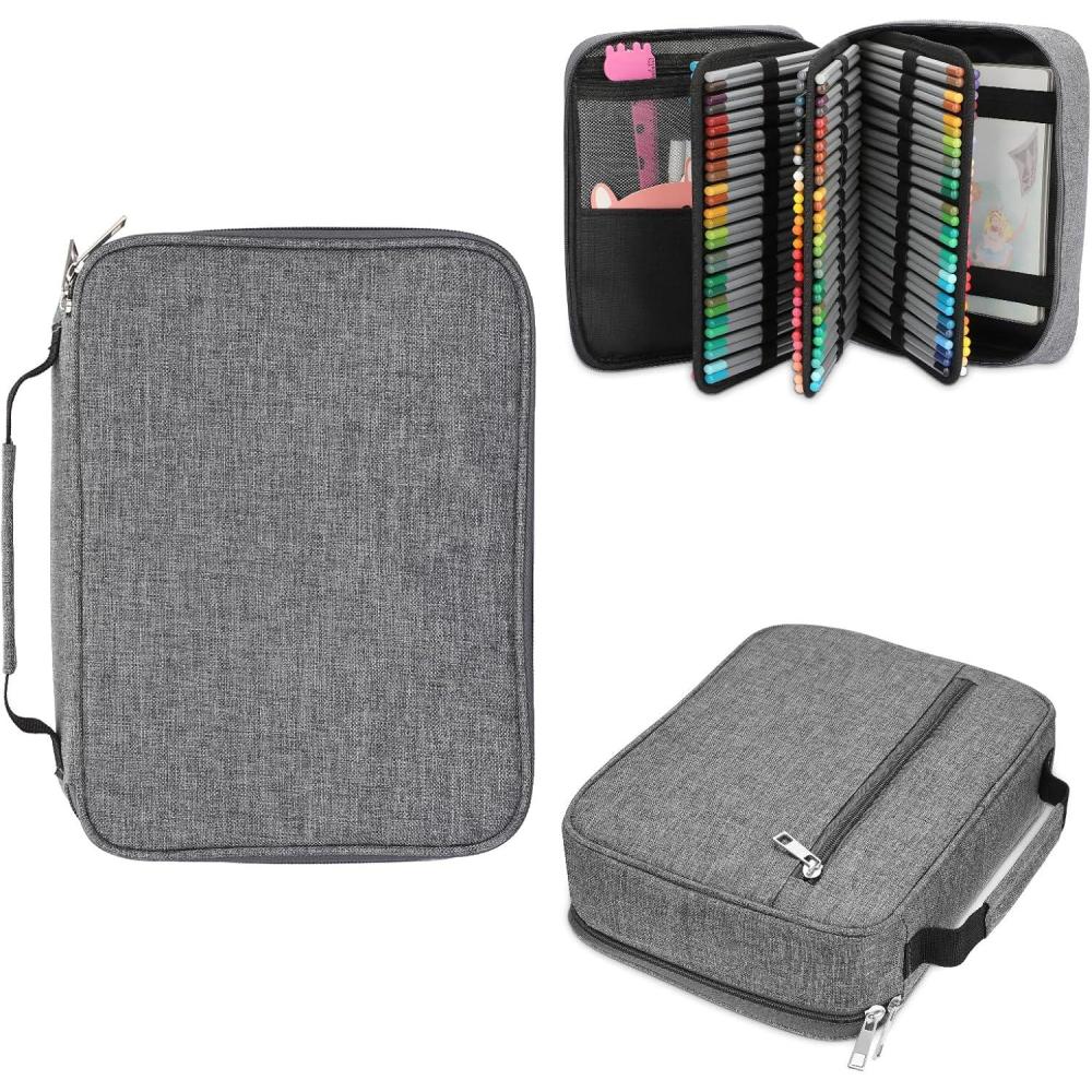 imageBTSKY Large Pencil Case Organizer Colored Pencil Pouch Art Bags for Supplies Portable Stationery Organizer with 3 Detachable Layers 84 Slots Multiple Zipper Pockets for Office Travel PurpleGrey