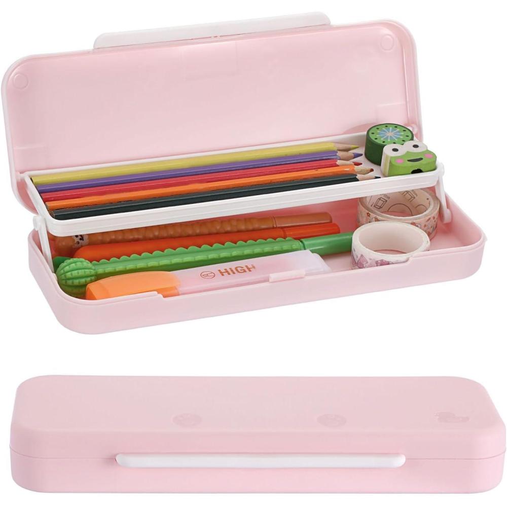 imageBTSKY Little Duck Double Layers Plastic Pencil Box Cute Pen Box Organizer Plastic Storage Box with Compact Size for Pencils Erasers Paper Clips and Other Small Stationery Supplies WhitePink